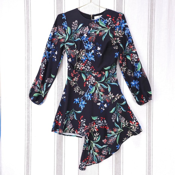 Stylestalker Dress Sz Small Black Floral Asymmetrical Long Sleeve Party Cocktail - Picture 1 of 13